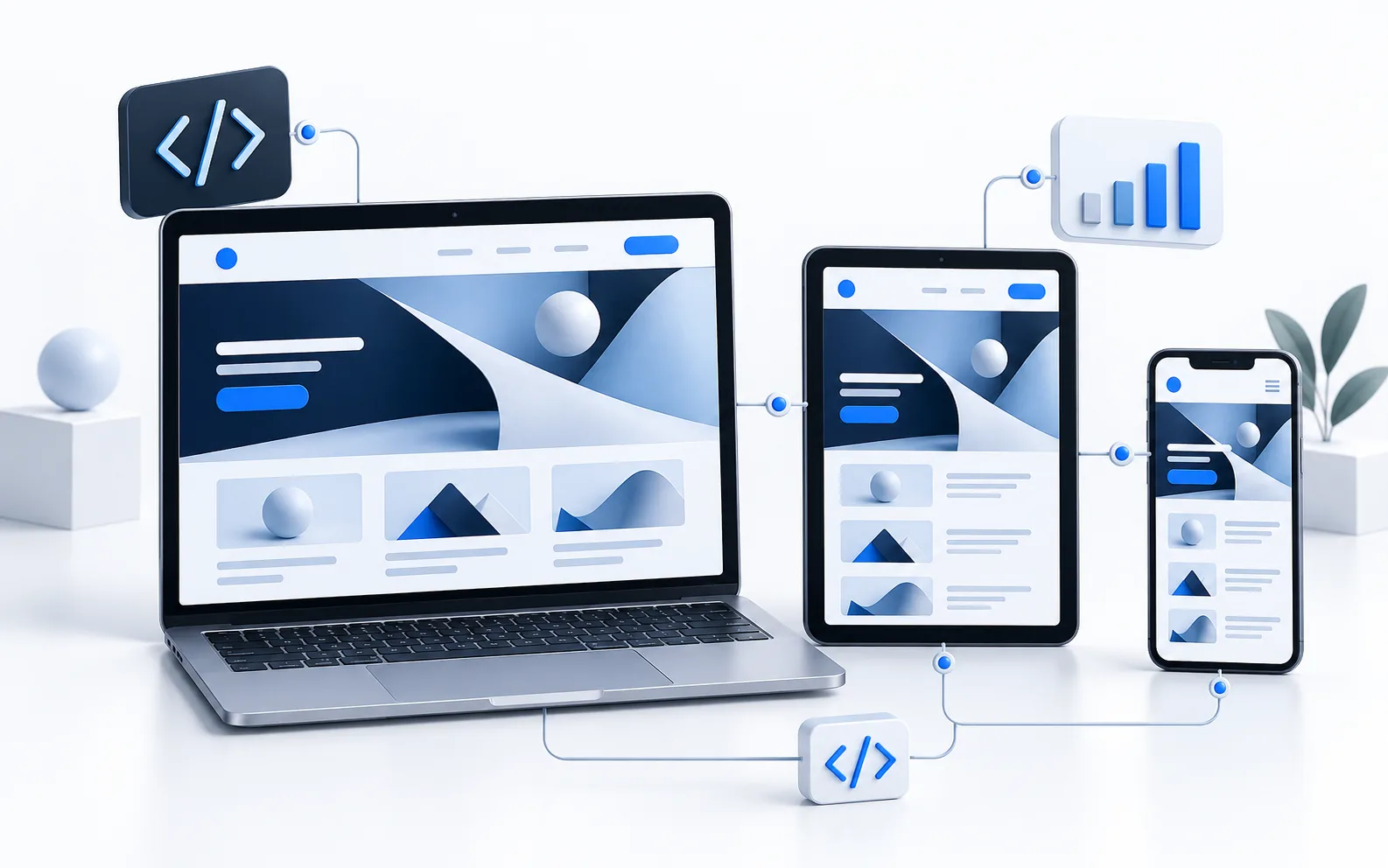 Responsive website design shown across laptop and smartphone screens
